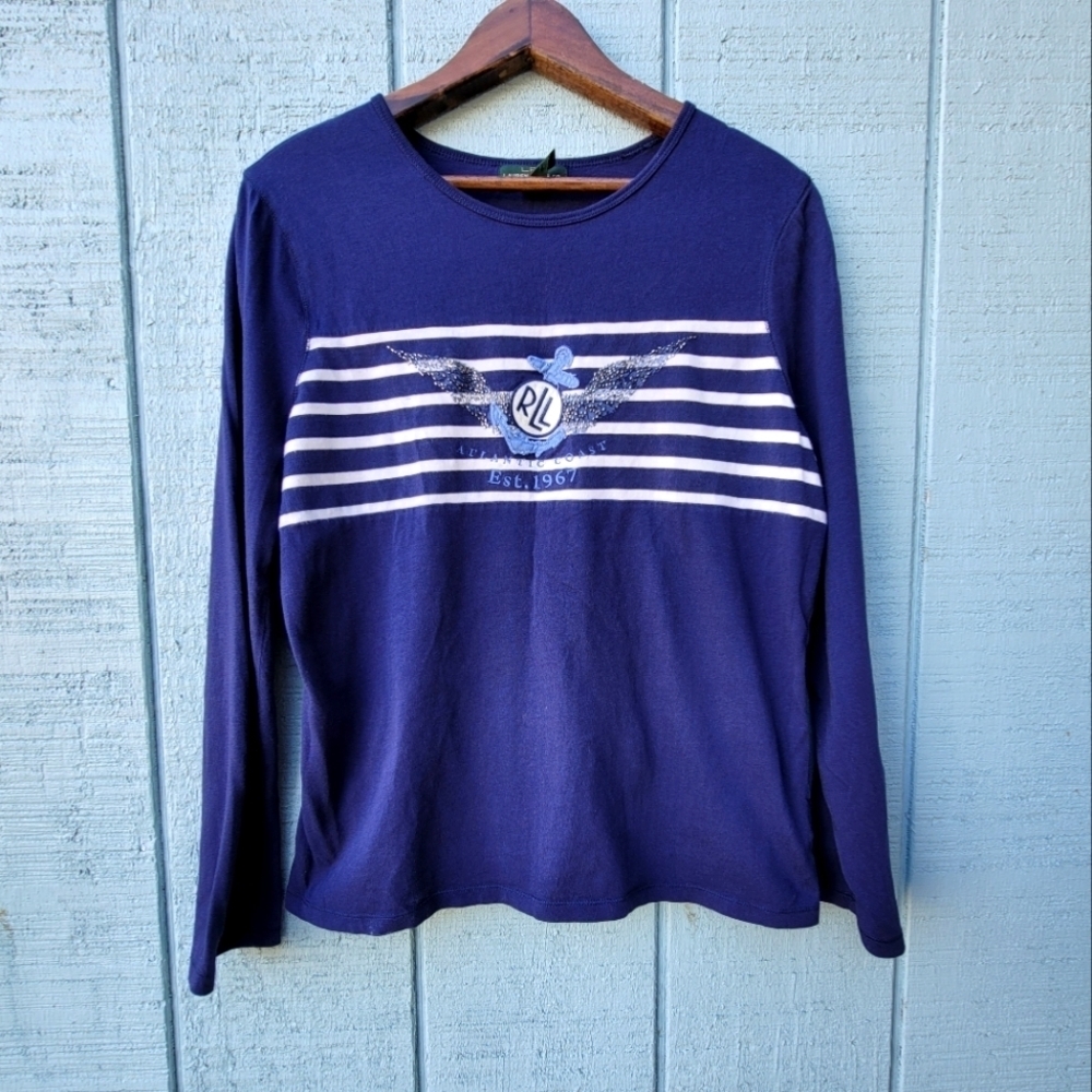 Lauren Ralph Lauren Jeans Nautical Beaded Cotton Long Sleeve Top sz PL Blue